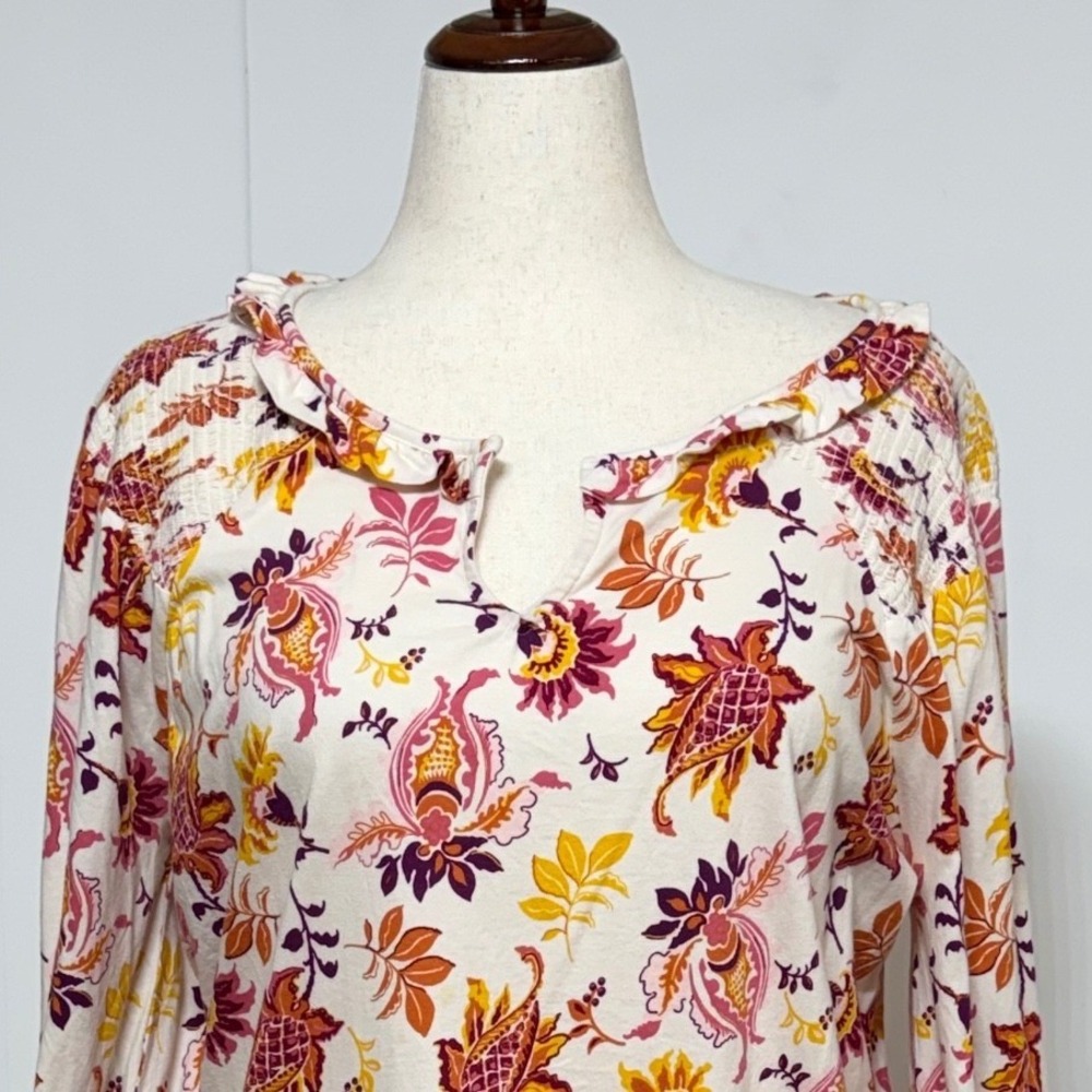Talbots Top Womens 1X White Orange Floral Smocked Ruffle Peasant Long Sleeve